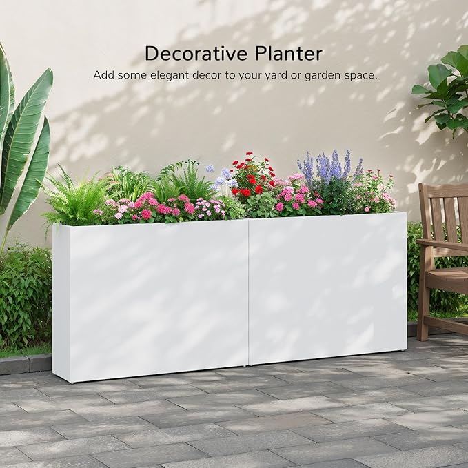 Stoog 38" Large Planters for Outdoor Plants Set of 2, All-Weather Rectangular Metal Planter Box with Removable Insert Shelf, Ideal for Plants, Flowers, Vegetables, Garden, White