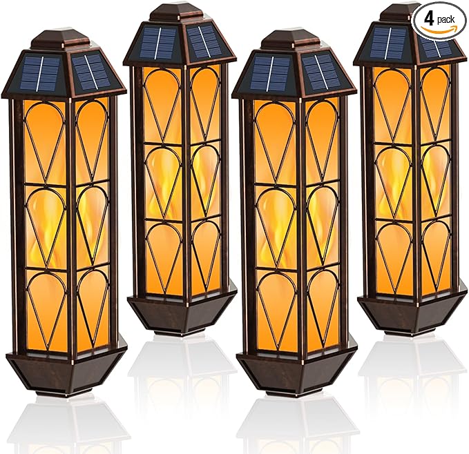 KINGLEAD 4 Pack Flickering Flame Solar Wall Lights - Outdoor Waterproof, Sensor with 2 Lighting Modes, Vintage for House Garden Porch Backyard Patio
