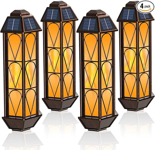 KINGLEAD 4 Pack Flickering Flame Solar Wall Lights - Outdoor Waterproof, Sensor with 2 Lighting Modes, Vintage for House Garden Porch Backyard Patio