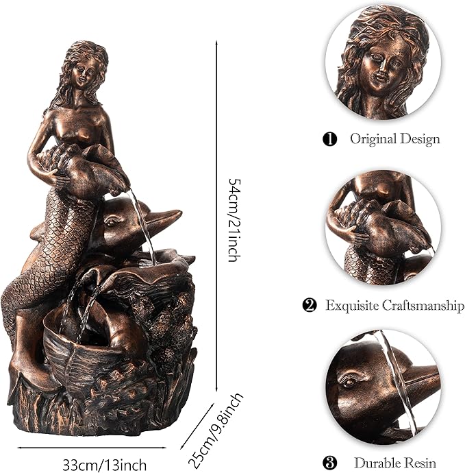 TERESA'S COLLECTIONS Mermaid Water Fountains Outdoor with LED Light Auto Slient Pump, Large Water Features for Yards Patio Garden Balcony Porch, Mermaid Garden Gifts for Mom, 21"