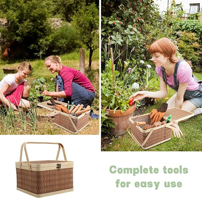 8 Piece Heavy Duty Gardening Hand Tools Set with Bamboo Gift Box Pruning Shears, Weeder and Heavy Duty Stainless Steel Gardening Tools with Wooden Handles - Ideal Gardening Gift for Women