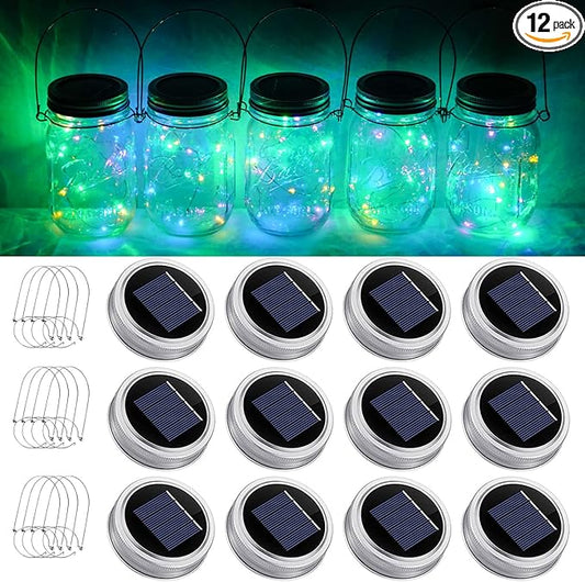 SmilingTown Solar Mason Jar String Light Lids 12 Pack 30 LED Fairy Firefly Inserts Lighting with 12 Hangers Waterproof for Outdoor Tree Patio Lawn Garden Decor, No Jars (Multi-Colored)
