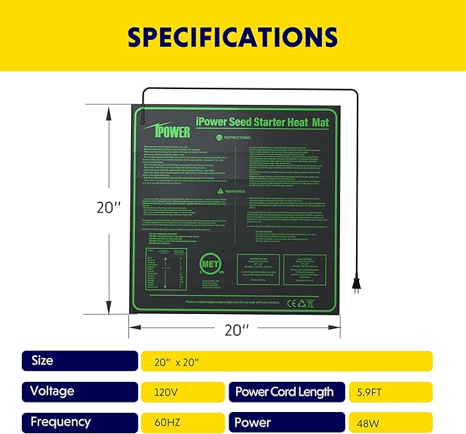 iPower Durable Seedling Heat Mat Warm 20" x 20" Hydroponic Heating Pad Waterproof for Seed Starting Greenhouse and Germination