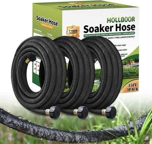 3 Pack Short Soaker Hose 15 Ft for Garden Beds, 1/2’’ 50 ft Soaker Hose for Foundation Watering, 70% Water Saving Drip Hose Irrigation for Lawn, Landscaping, Garden (15 FEET x 3PACK, Black)