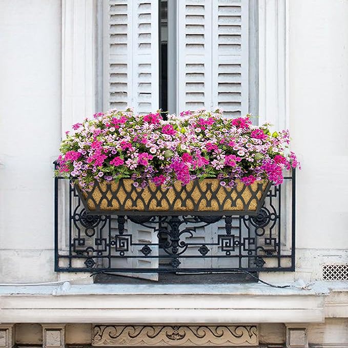 4 Pack 24 Inch Window Boxes Planters for Outdoor Plants Railing Planter Box with Adjustable Brackets for Windowsill Porch Fence Patio Hanging Flower Coco Baskets for Outside Decoration - Black