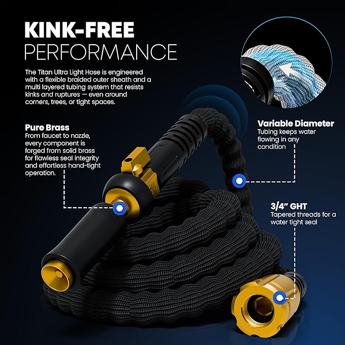 TITAN Flexible Garden Hose 50FT – Ultra Lightweight, Heavy Duty Water Hose with Brass Fittings & Jet Nozzle – Kink-Free, Non-Expanding, Durable Fabric Hose for Yard, Lawn, Car Wash, Outdoor Use