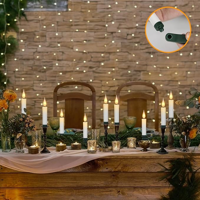 DRomance Christmas Tree Flameless Taper Candle Lights Battery Operated with 10-Key Remote and Timer, 30 Pack Plastic 3D Wick Flickering LED Taper Candles Multi-Using Home Garden Holiday Decor 3.4"