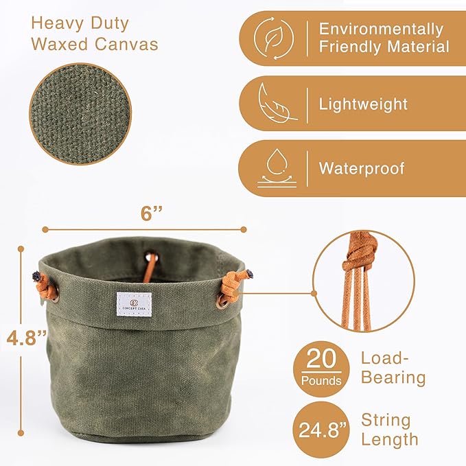 Waxed Canvas Handmade Hanging Planter for Indoor/Outdoor Plants, Hanging Basket Plant Holder Forest Green