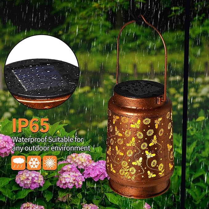 Solar Lanterns Outdoor Waterproof Bee Garden Decor Gifts for Women Mom Grandma Hanging Solar Lights Metal Solar Decoration Outside for Yard, Patio, Backyard, Porch