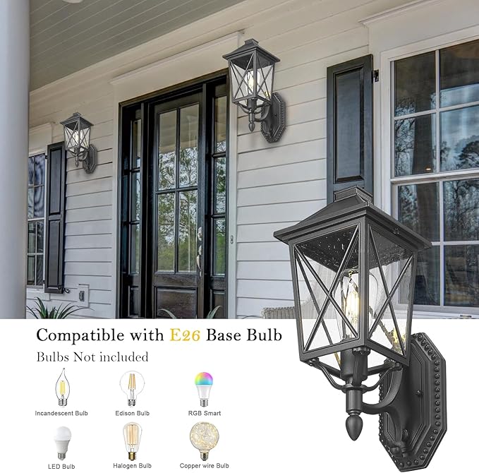 Darkaway Outdoor Wall Light Fixture,2pcs Outside Porch Lights Wall Mounted Seeded Glass Exterior Waterproof Lantern Modern E26 Socket Wall Sconce Lighting for Front Door Yard Patio