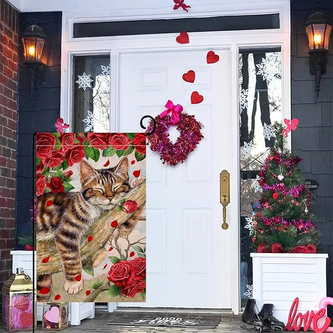 BLKWHT Valentines Cat Garden Flag 12x18 Vertical Double Sided Red Roses Spring Farmhouse Holiday Outside Decorations Burlap Yard Flag BW757