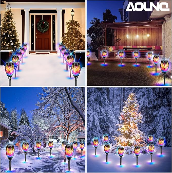 8 Pack Solar Torch Lights Outdoor Waterproof - Multicolor Flickering Flame, Outdoor Solar Garden Lights for Yard, Tiki Torches for Outside Patio Pathway Decorations