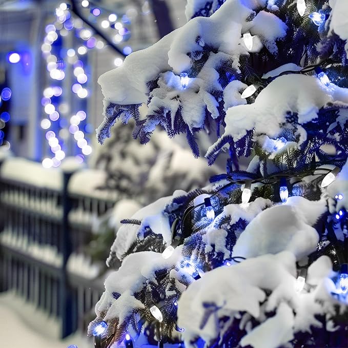 Christmas Pathway Lights Outdoor, 2 Pack 26 Ft 20 LED C9 Strawberry String Lights with Stakes, Connectable Waterproof Outside Christmas Lights Marker for Path, Lane, Patio Decor, Blue & Pure White