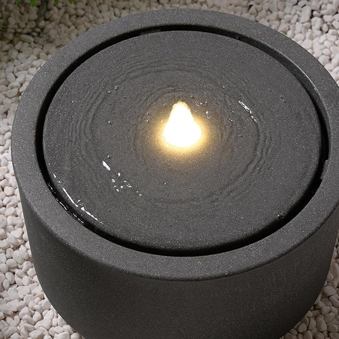 10.23” H Outdoor Water Fountain Made with Eco-Friendly Recyclable Materials, Polyethylene Round Bubbler Outdoor Fountain, Garden Decor with LED Light for Patio, Porch, Backyard