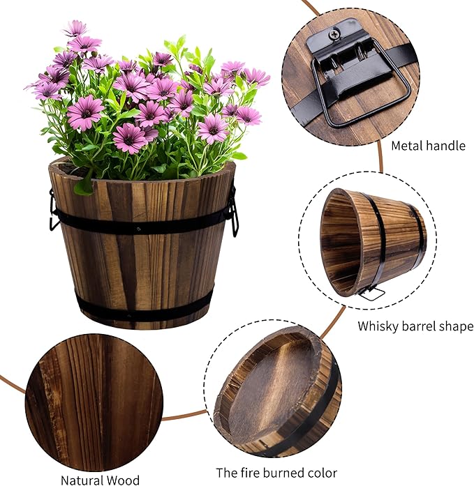 Adnee 4 Pack Wooden Whiskey Barrel Planters - 4 Sizes Wooden Bucket Barrel Garden Planters Set - Rustic Flower Planters Pots Container for Indoor Outdoor Garden Home Plants(4.7",6.1",7.1",9")