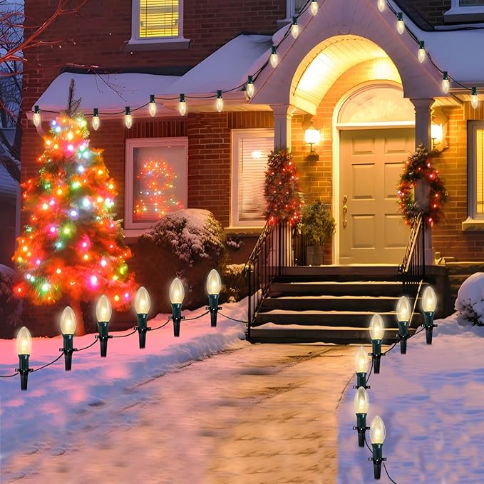 C9 Christmas Pathway Lights Outdoor, 38Ft 25 C9 Incandescent Warm White Pathway Marker Stakes Waterproof for Walkway Lawn Sidewalk Driveway Holiday