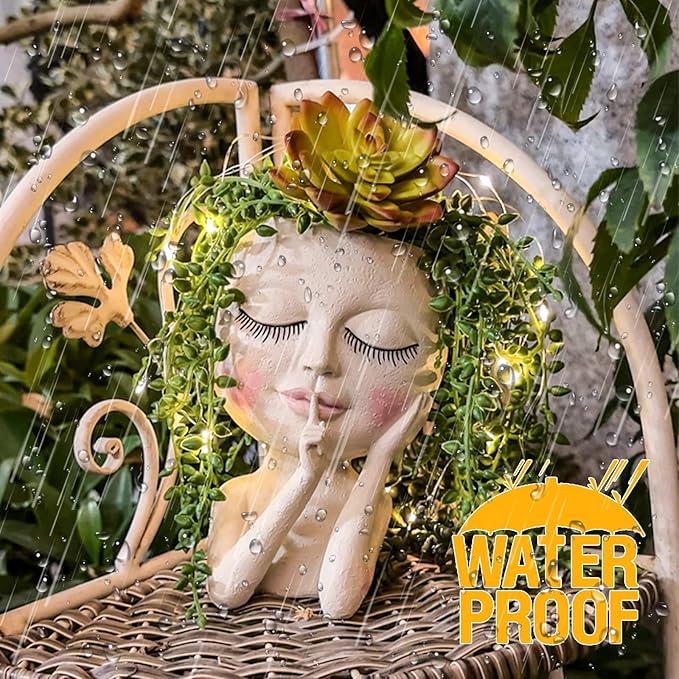 Solar Face Flower Pot,Head Planter Pot,with Led String Lights Succulent Planter Light,Warterproof Resin Cactus Planters,Cute Closed Eyes Lady Face Planter,for Indoor Outdoor Plant Garden Decor (Large)