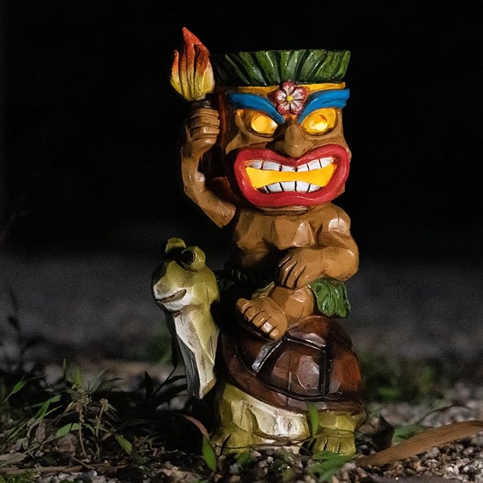 Solar Tiki Statue Light-Garden Turtles Outdoor Decor - Tiki Man Riding Turtle with Tiki Torch Solar Light for Tiki Bar Decorations, Patio, Balcony, Yard,Lawn,Gifts