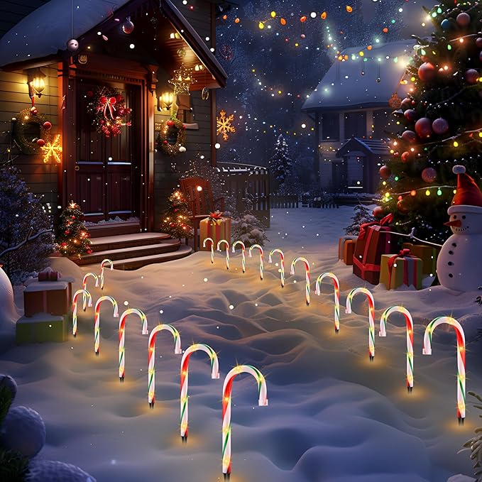 VCOKEN 10'' Christmas Candy Cane Lights Outdoor Pathway, Set of 10 Christmas Candy Cane Markers Waterproof, Light Up Xmas Candy Cane Decoration with Stakes for Holiday Party Yard Art Indoor Outdoor