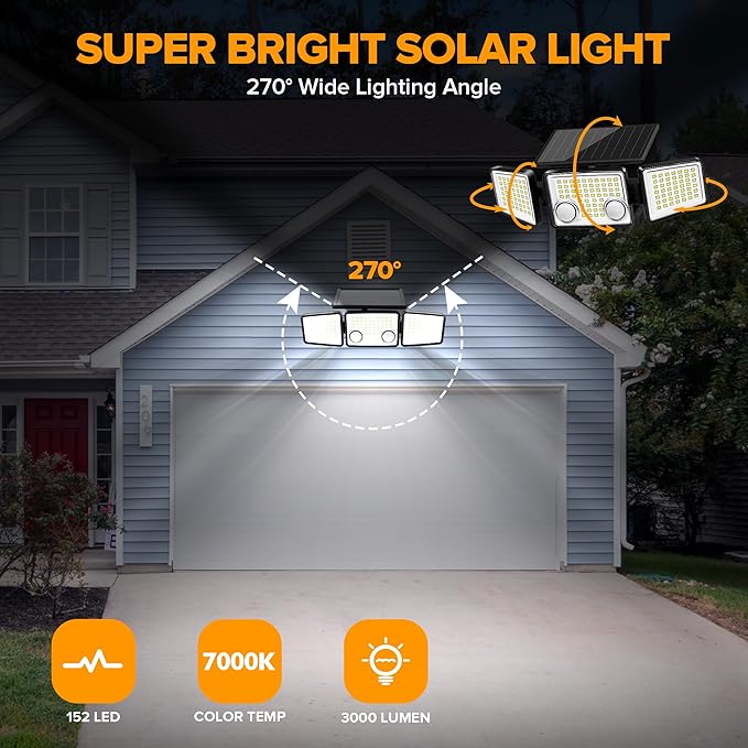 UME Solar Outdoor Lights 3000 Lumen 7000K, 152 LED Super Bright Motion Sensor Outdoor Lights with 2 Sensors, IP65 Waterproof 270 Wide Angle Solar Flood Lights with 3 Modes for Garden - 6 Pack