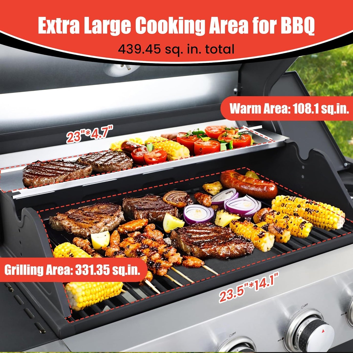 HYCHIKA 4-Burner Propane Grill with Sear & Side Burner, 46790 BTU Gas Grill with Griddle Pan & Enameled Cast Iron Grates, BBQ Grill with 439 Sq. In. Grilling Area for Outdoor, Patio, Backyard Babecue
