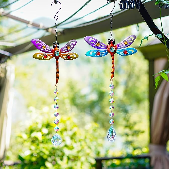 Crystal Dragonfly Suncatchers for Christmas, 2 Pack Dragonfly Sun Catcher for Windows Hanging, Stained Glass Dragonfly Ornament for Outdoor Home Decor