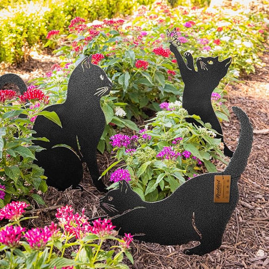 RealSteel I 3 Pack Steel Cat Garden Decor I Outdoor Yard Decorations I Gift for Cat Lovers I Lawn Ornaments and Statues I Garden Signs Decorative Outdoor - Black