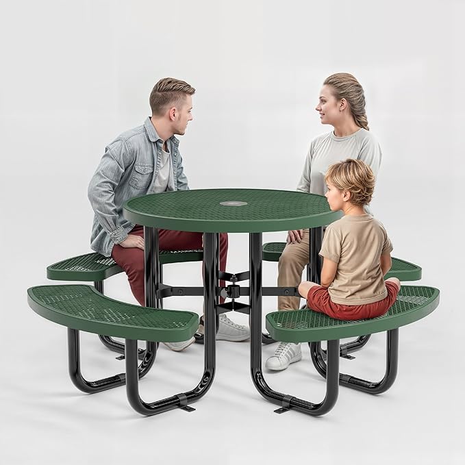Metal Picnic Tables for Outdoors with Umbrella Hole - Coated Steel Heavy Duty Commercial Grade Table with Adjustable Seats (Green, 38 in, Round, Expanded Steel)