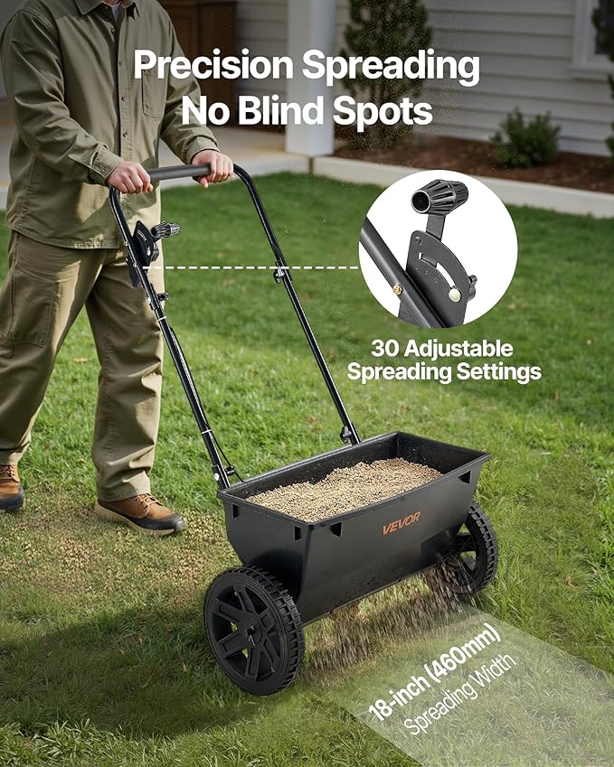 VEVOR Broadcast Spreader, 50LBS Capacity, Walk-Behind Push Spreader, 18 in Spreading Width, 8 in All Terrain Pneumatic Tires, Lawn Spreaders with Hopper Grate, for Seed, Fertilizer, Ice Melt