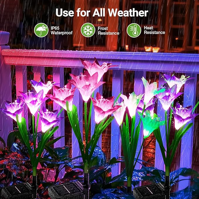 KOOPER Outdoor Solar Lights, 6 Pack Solar Garden Lights with Bigger Lily Flowers, Waterproof 7 Color Changing Solar Lights Outdoor - Bigger Solar Panel for Outdoor Patio Yard Garden Decoration