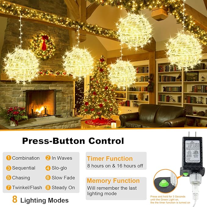Christmas String Lights Outdoors,4 Pack 11.81" Sphere Lights,Ball Tree Garden Globe Lights for Home, Party, Christmas, Porch Patio,Wedding, Garden,Tree Decoration with Plug