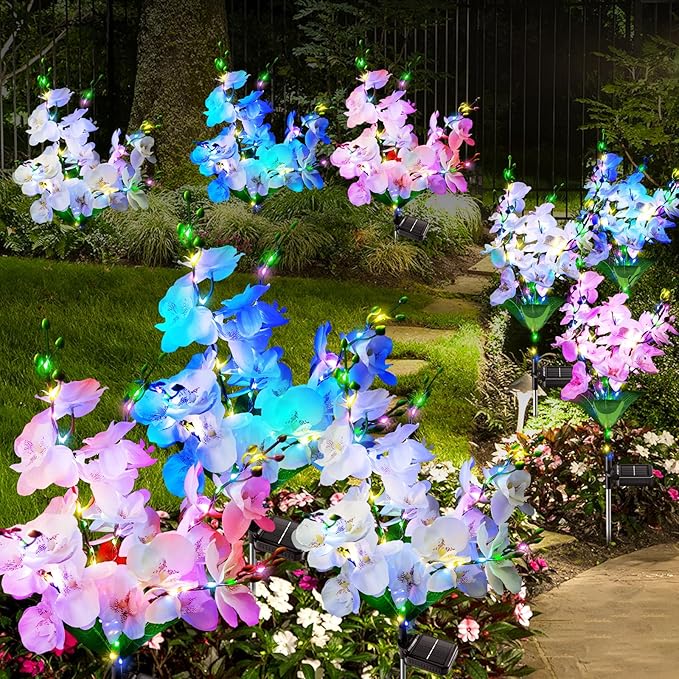 Solar Garden Lights Outdoor Decor, 3 Pack Newest Version Phalaenopsis Orchid Flower Solar Lights for Outside, 240 LED Colorful Waterproof Solar Lights Outdoor for Yard Patio Decor, Gift for Mom