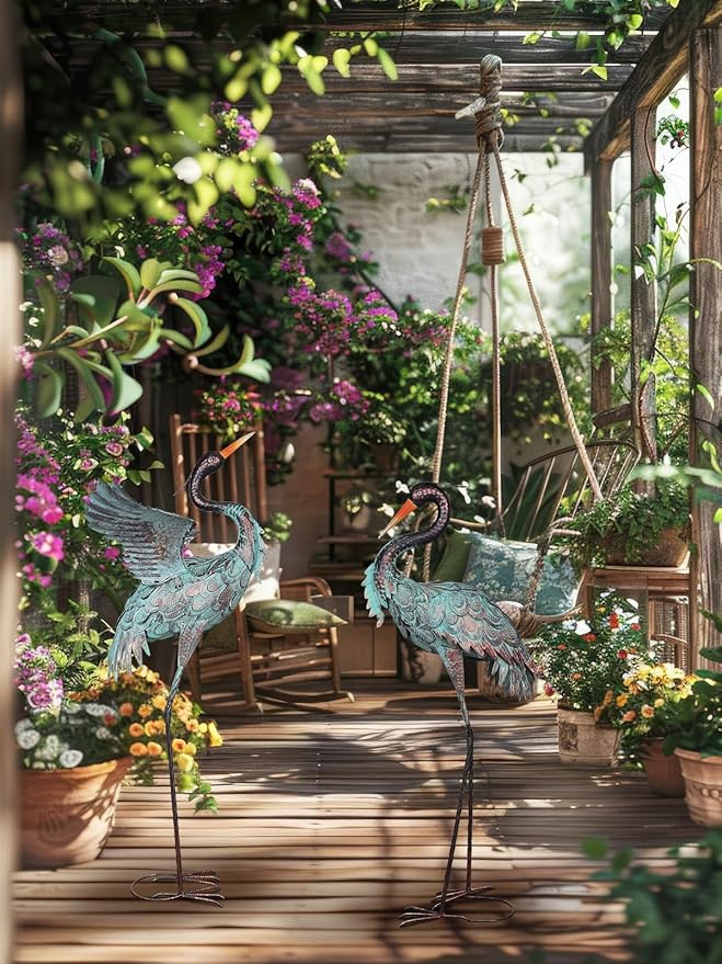 YEAHOME Garden Decor Outdoor Statues, 38"/36" Large Metal Heron Standing Yard Art, Blue Crane Lawn Sculptures Garden Decor for Outside Patio Porch Backyard, Set of 2