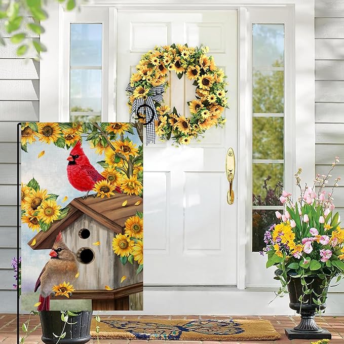 BLKWHT Summer Sunflowers Cardinal Bird Garden Flag 12x18 Vertical Double Sided Yellow Flowers Spring Farmhouse Holiday Outside Decorations Burlap Yard Flag BW815