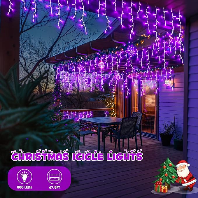 JMEXSUSS 800 LED Purple Icicle Lights Outdoor, Purple Icicle Christmas Lights Indoor Plug in with Remote, Purple Christmas Lights for Outside Fireplace Eave Yard Christmas Decor