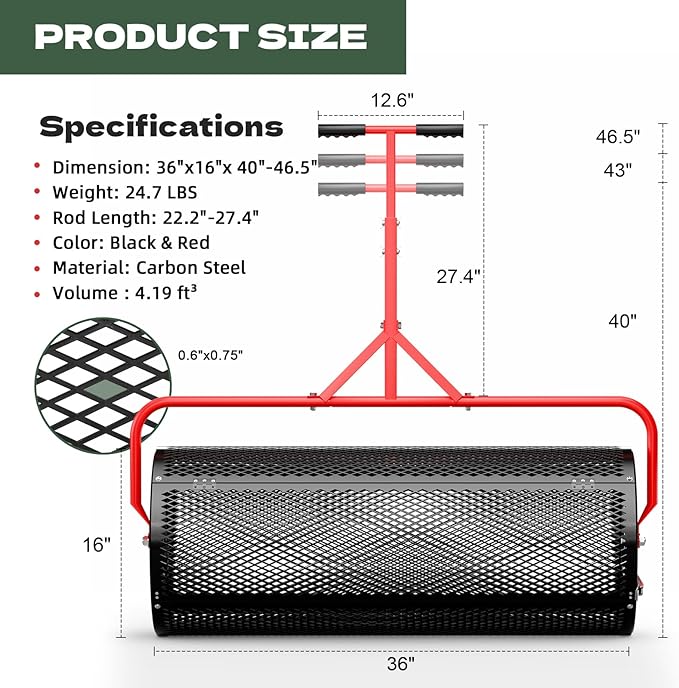 Compost Peat Moss Spreader for Lawn, 36 Inch Compost Roller Spreader with Adjustable T-Shaped Handle, Upgraded Side Clasps, Durable Lightweight Metal Roller, Lawn Garden Yard Care