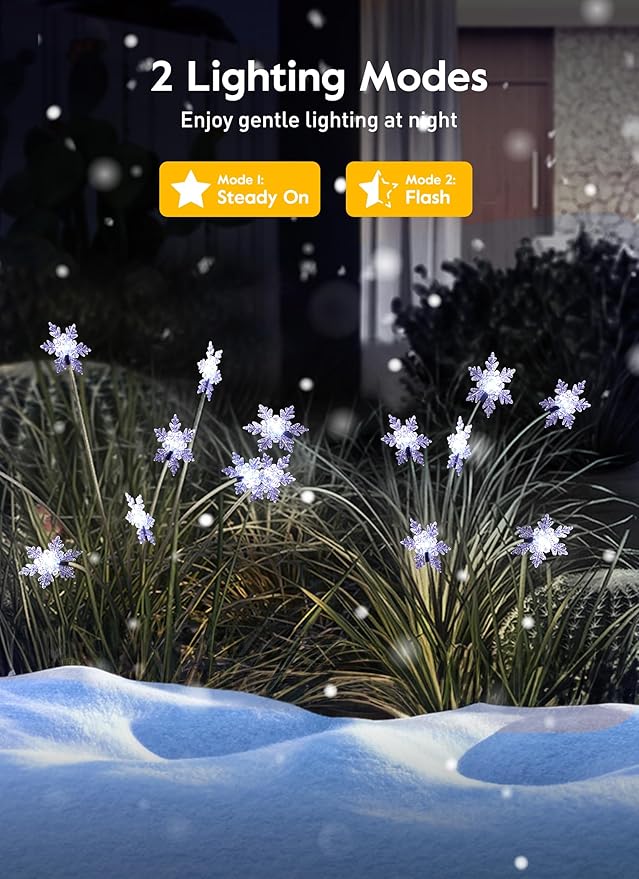 Brightown Christmas Pathway Lights - 4 Pack 48 LED Snowflake Outdoor Lights With 2 Modes, Waterproof Solar Firefly Decoration for Yard, Cool White