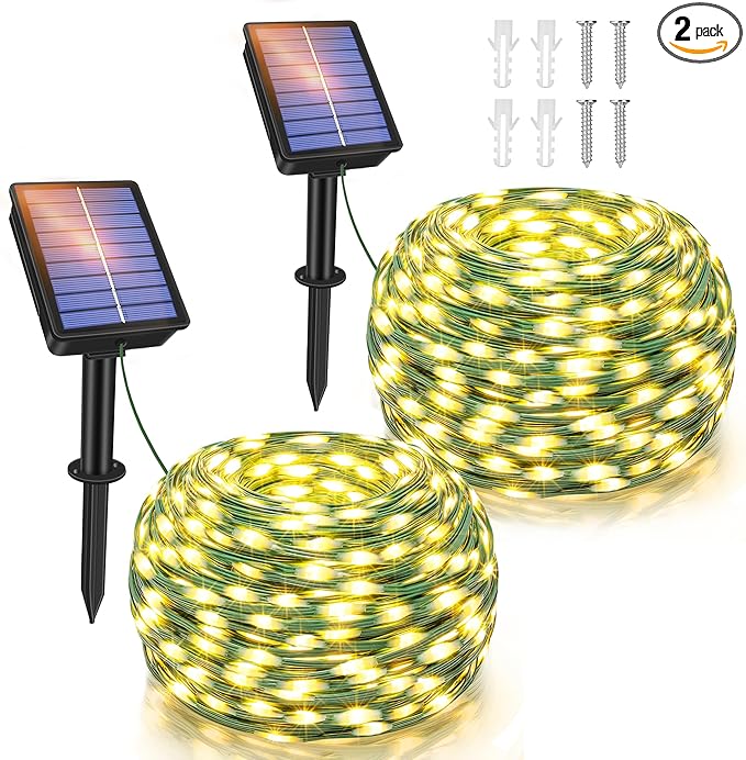 Ollny Solar String Lights Outdoor, 2 Pack Total 80FT 240LED Solar String Lights, 8 Modes IP67 Waterproof Fairy Lights for Outside Yard Garden Holiday Xmas Decorations, Warm White