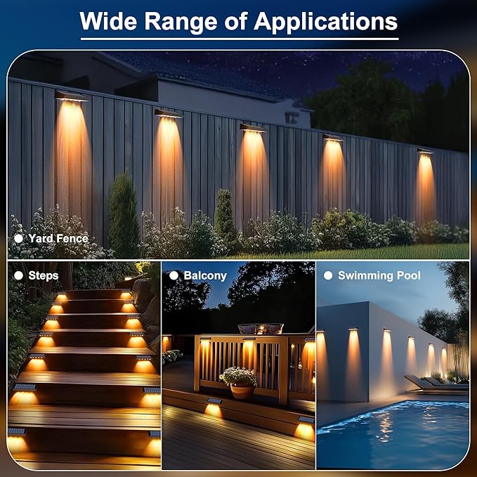 Solar Fence Lights Outdoor Waterproof IP65, 12 Pack Fence Lights Solar Powered 60 Lumens Auto On/Off Step Wall Lights Outside Decorations for Yard, Porch, Patio, Stairs, Pool, Deck, Garden- Warm Light