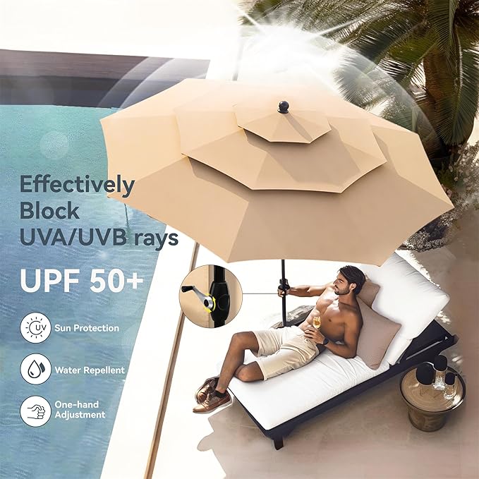 PHI VILLA 10ft Patio Umbrellas, Outdoor 3 Tier Vented Large Market Table Umbrella with 8 Sturdy Ribs and 1.5" Umbrellla Pole for Lawn Poolside Garden Terrace, Beige(No Base)