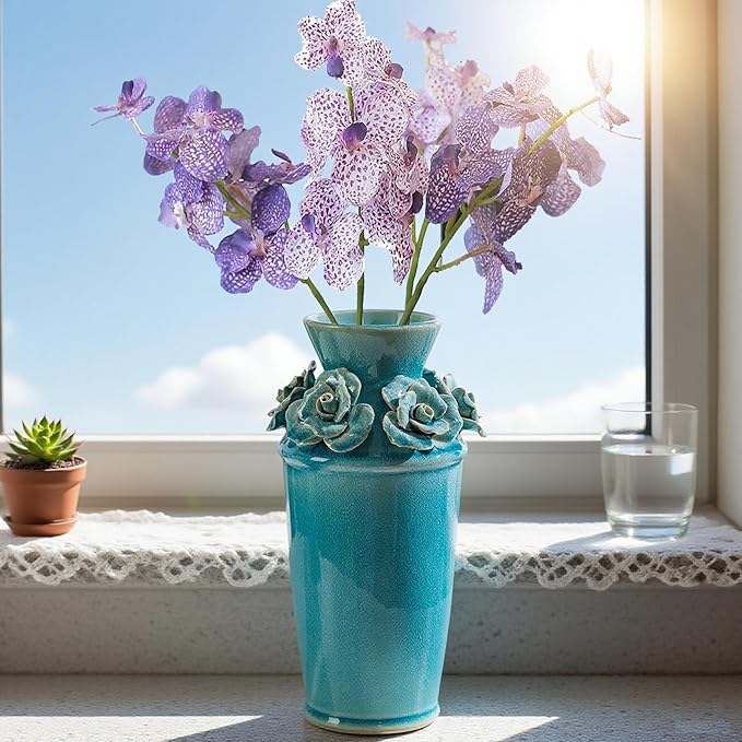 Handmade 3D Ceramic Flower Blue Bud Vase for Centerpieces, Decorative Blue Flower Vases for Wedding Reception, Home Decor, Living Room, Cottage Core Decor, Jarrones Decorativos para Sala 8.7 Inch