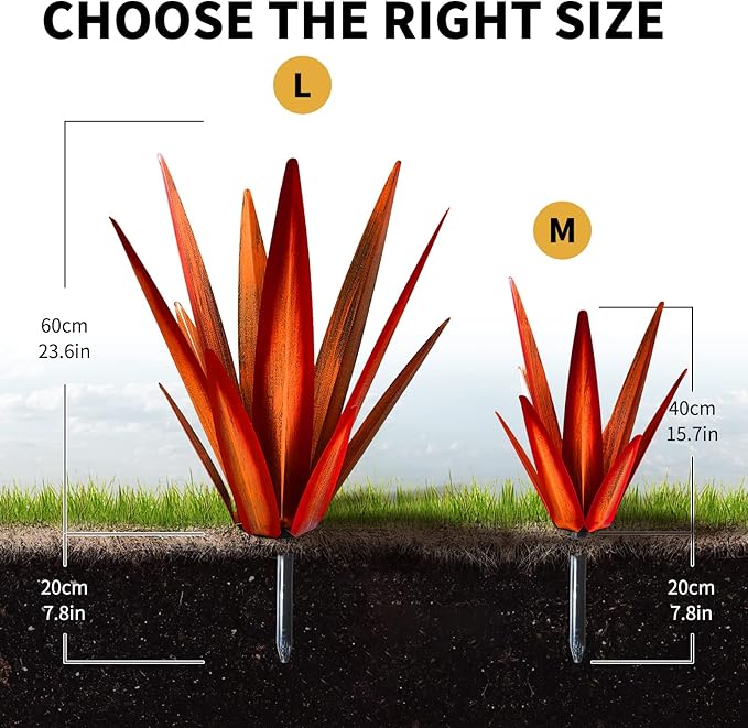 Large Tequila Rustic Sculpture, Rustic Metal Agave Plants for Outdoor Patio Yard, Home Decor Hand Painted Metal Agave Garden Yard Statue, Outdoor Lawn Ornaments Yard Stakes (Red - M)