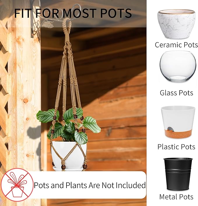 3 Pack Macrame Plant Hanger - 43"/35"/29" Different Sizes, Hanging Planter Basket Flower Pot Holder for Indoor Outdoor, with Wood Beads, Boho Home Decor, Brown (POTS NOT Included)