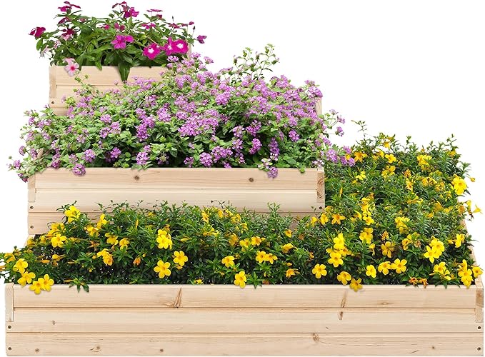 Yaheetech 3 Tier Wooden Raised Garden Bed 44.5'' L×44.5″ W×20.5″ H, 2 PCS Horticulture Open-Bottom Planter Raised Garden Bed for Flowers/Herbs/Vegetables Planter Flower Box