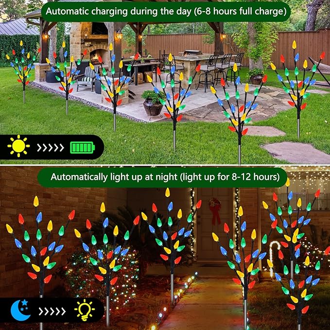 Upgraded 6 Packs 120 LED C6 Solar Christmas Lights, Outdoor Christmas Decorations Yard Lights, 8 Modes Waterproof Christmas Pathway Lights for Christmas Decorations Outdoor Yard Patio Cemetery Grave