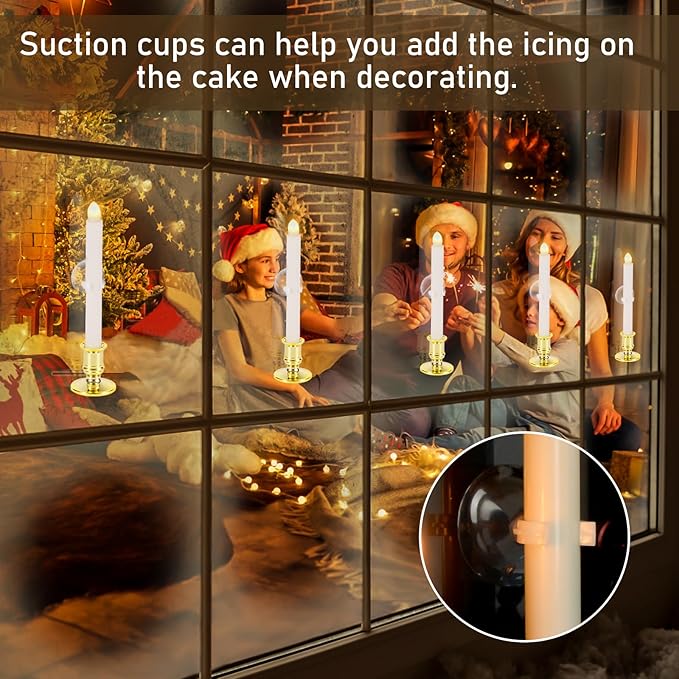 12 Pack Christmas Window Candles, Battery Operated Window Candles with Timer Remote, Candle Holder Suction Cup for Christmas Decorations, Gold