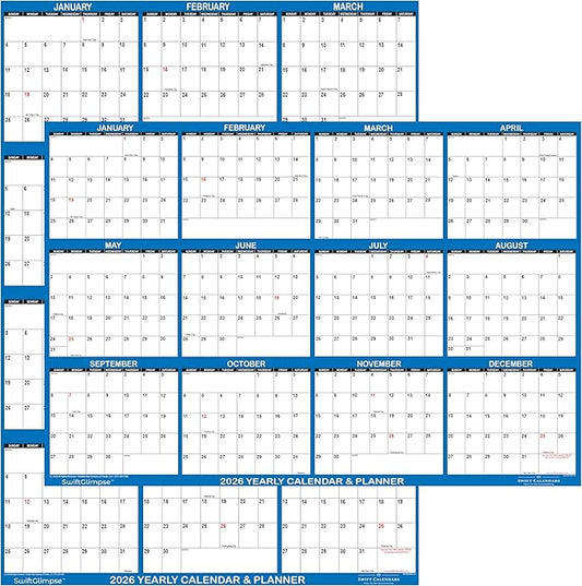 24" x 36" SwiftGlimpse 2026 Paper Folded Wall Calendar Large 12 Month Annual Yearly Wall Planner, Reversible, Horizontal/Vertical, Navy