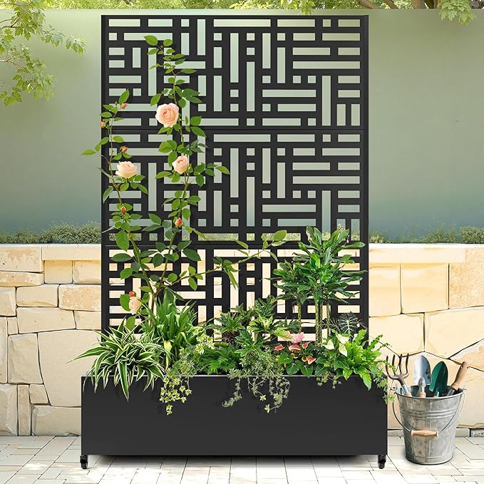 Raised Garden Bed with Trellis and Wheels,73"x47"x16" Metal Raised Garden Bed,Black Modern Metal Planter with Climbing Trellis for Vines & Vegetables