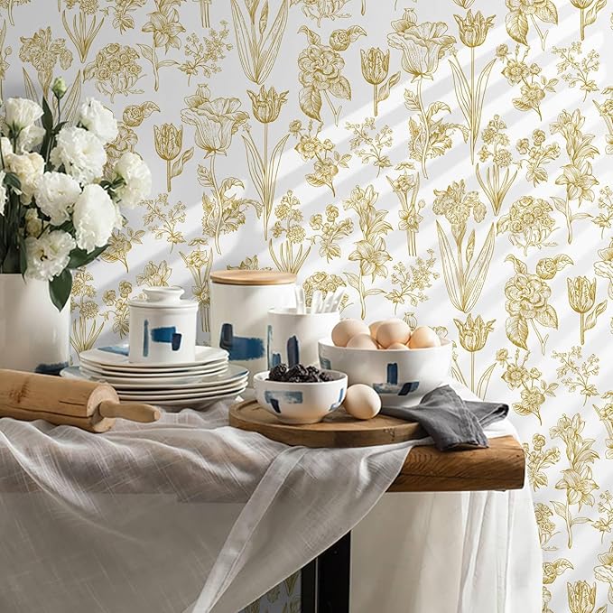 Dimoon 393"x17.3" Floral Wallpaper Peel and Stick Flowers Golden White Contact Paper Thicken Waterproof Modern Self Adhesive Plants Wallpaper Removable Wall Paper Shelf Vinyl Roll