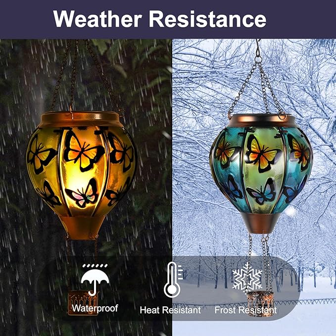 Butterfly Hot Air Balloon Solar Lantern, Solar Hot Air Balloon Flickering Flame Hanging Garden Light Candle LED Light Glass & Metal Waterproof Outdoor Lanterns Yard/Patio Decorative, Gift for Mom